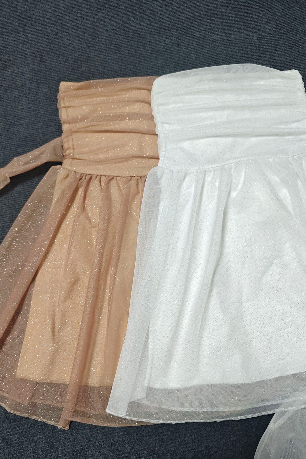 Cute A-Line Strapless Tulle Prom Sparkly Graduation Dress with Bow