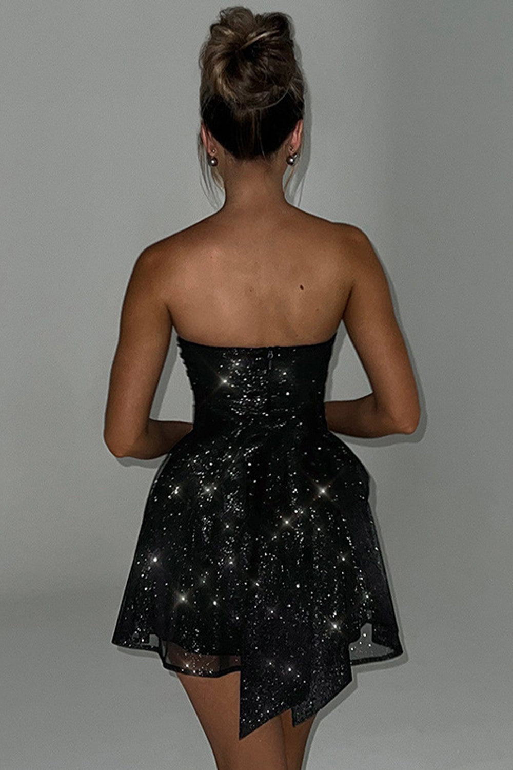 Cute A-Line Strapless Tulle Prom Sparkly Graduation Dress with Bow