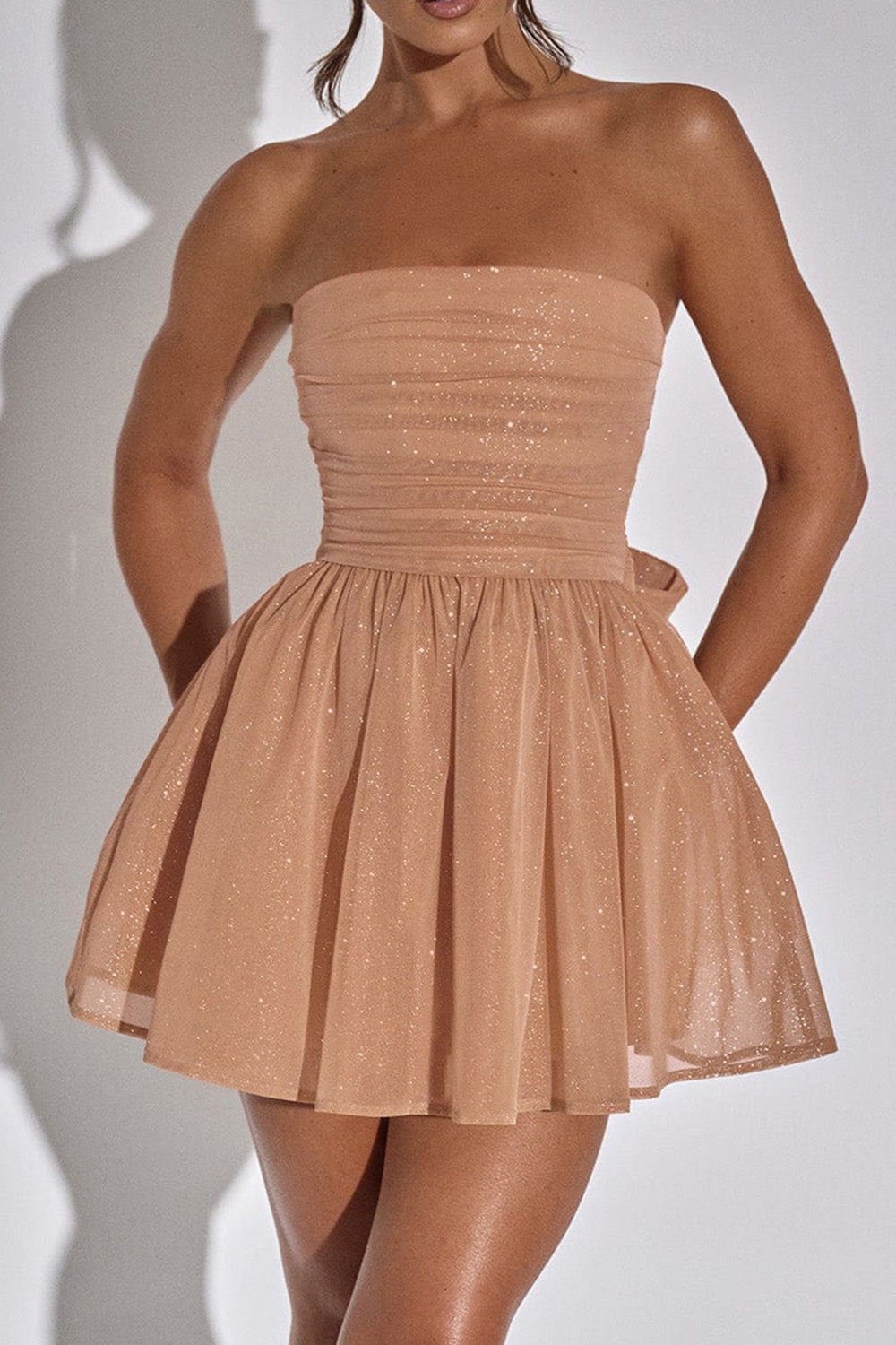 Cute A-Line Strapless Tulle Prom Sparkly Graduation Dress with Bow