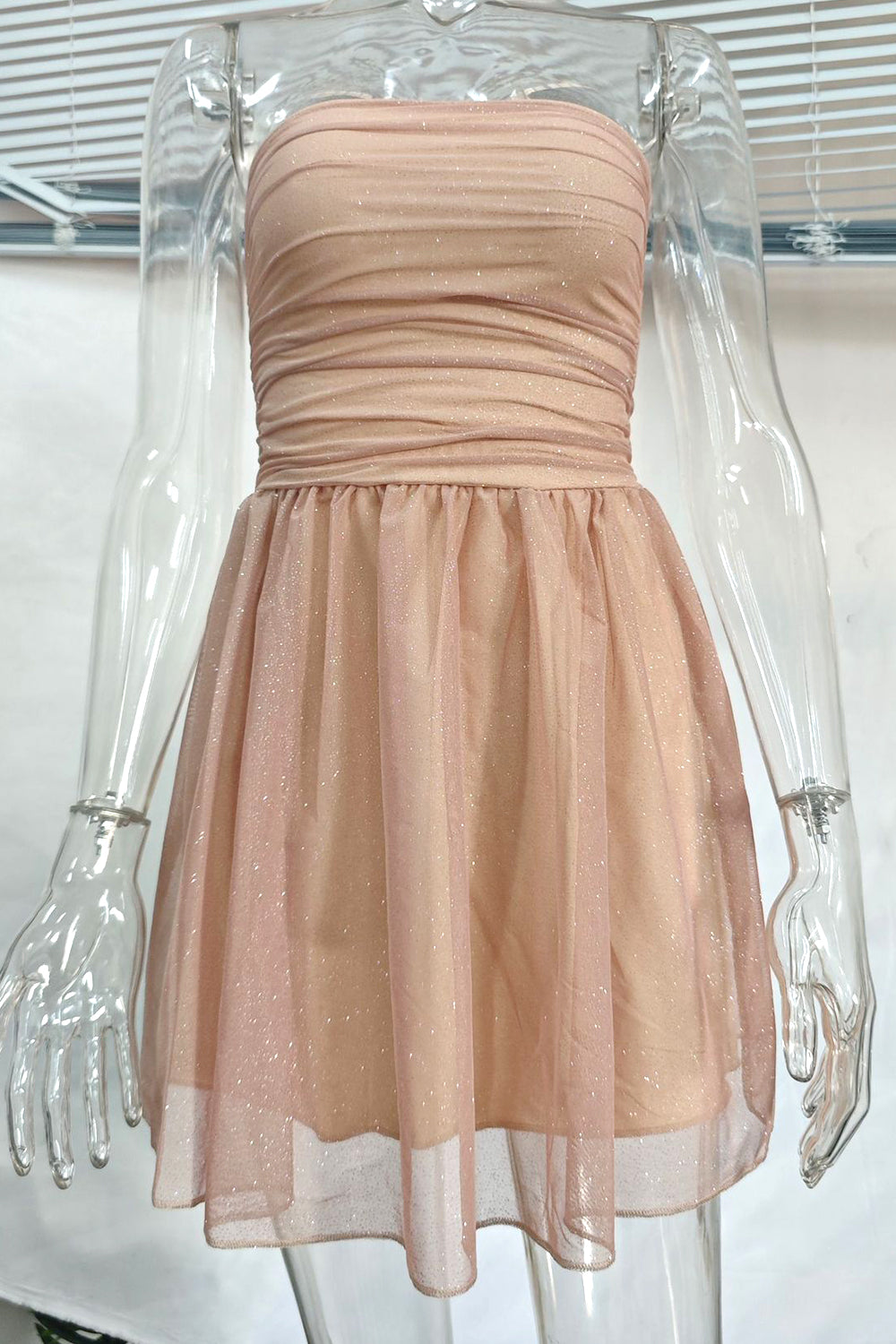 Cute A-Line Strapless Tulle Prom Sparkly Graduation Dress with Bow
