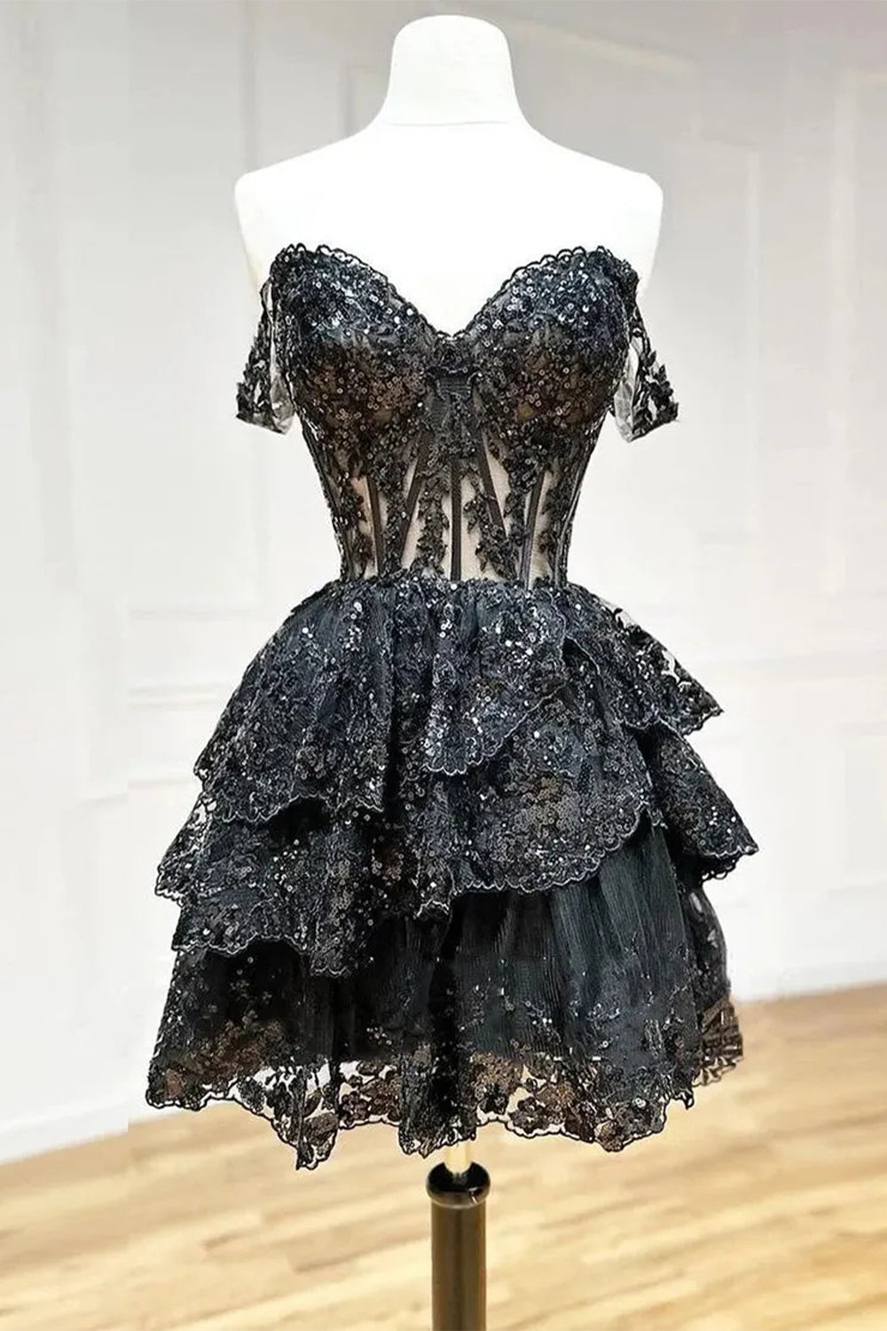Sparkly A-Line Off the Shoulder Short Tiered Sequin Homecoming dress