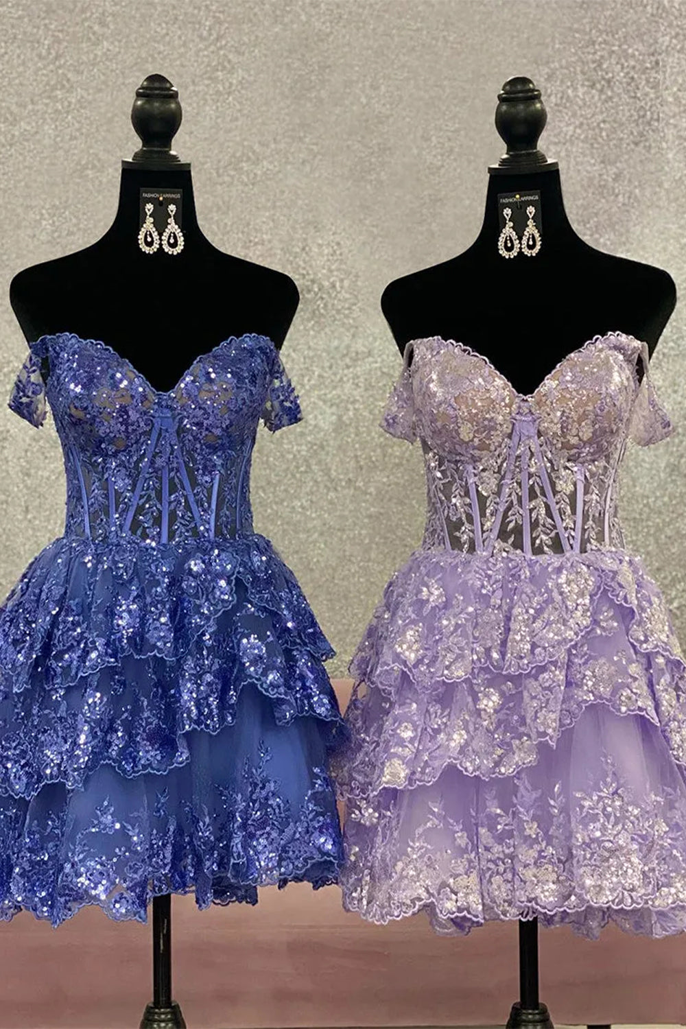 Sparkly A-Line Off the Shoulder Short Tiered Sequin Homecoming dress