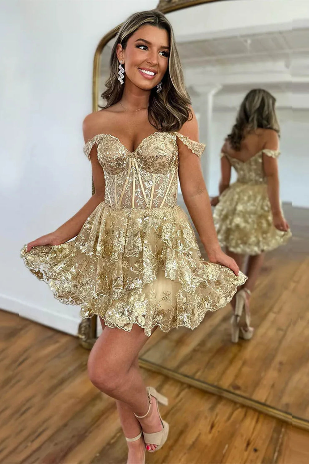 Sparkly A-Line Off the Shoulder Short Tiered Sequin Homecoming dress