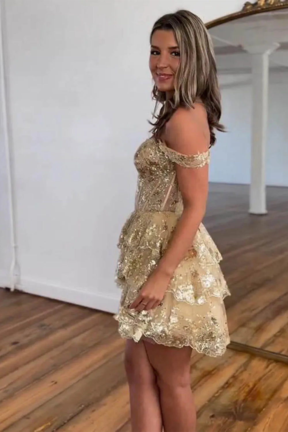 Sparkly A-Line Off the Shoulder Short Tiered Sequin Homecoming dress