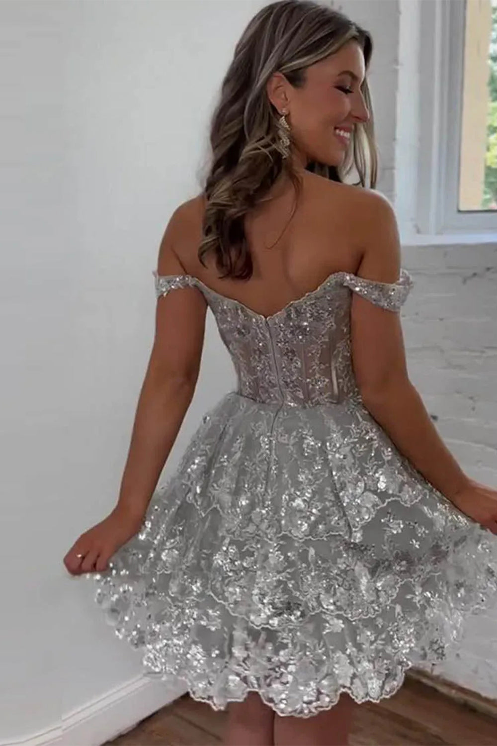 Sparkly A-Line Off the Shoulder Short Tiered Sequin Homecoming dress