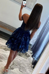 Sparkly A-Line Off the Shoulder Short Tiered Sequin Homecoming dress