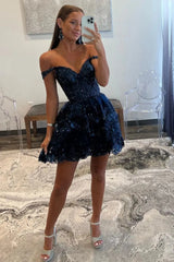 Sparkly A-Line Off the Shoulder Short Tiered Sequin Homecoming dress