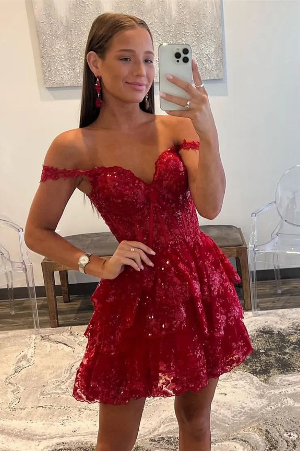 Sparkly A-Line Off the Shoulder Short Tiered Sequin Homecoming dress