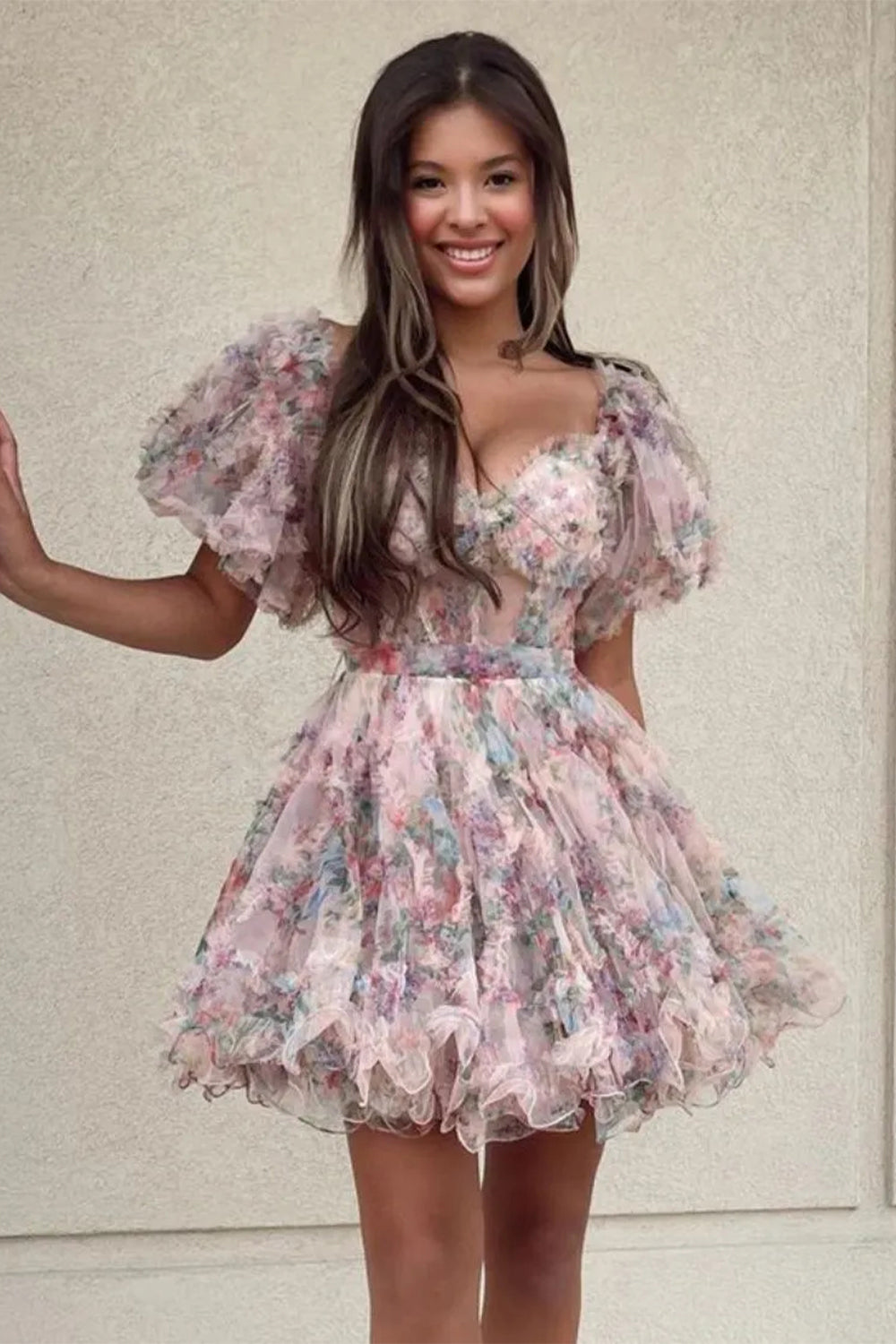 Cute A-Line Off-the-Shoulder Floral Printed Short Homecoming Dress