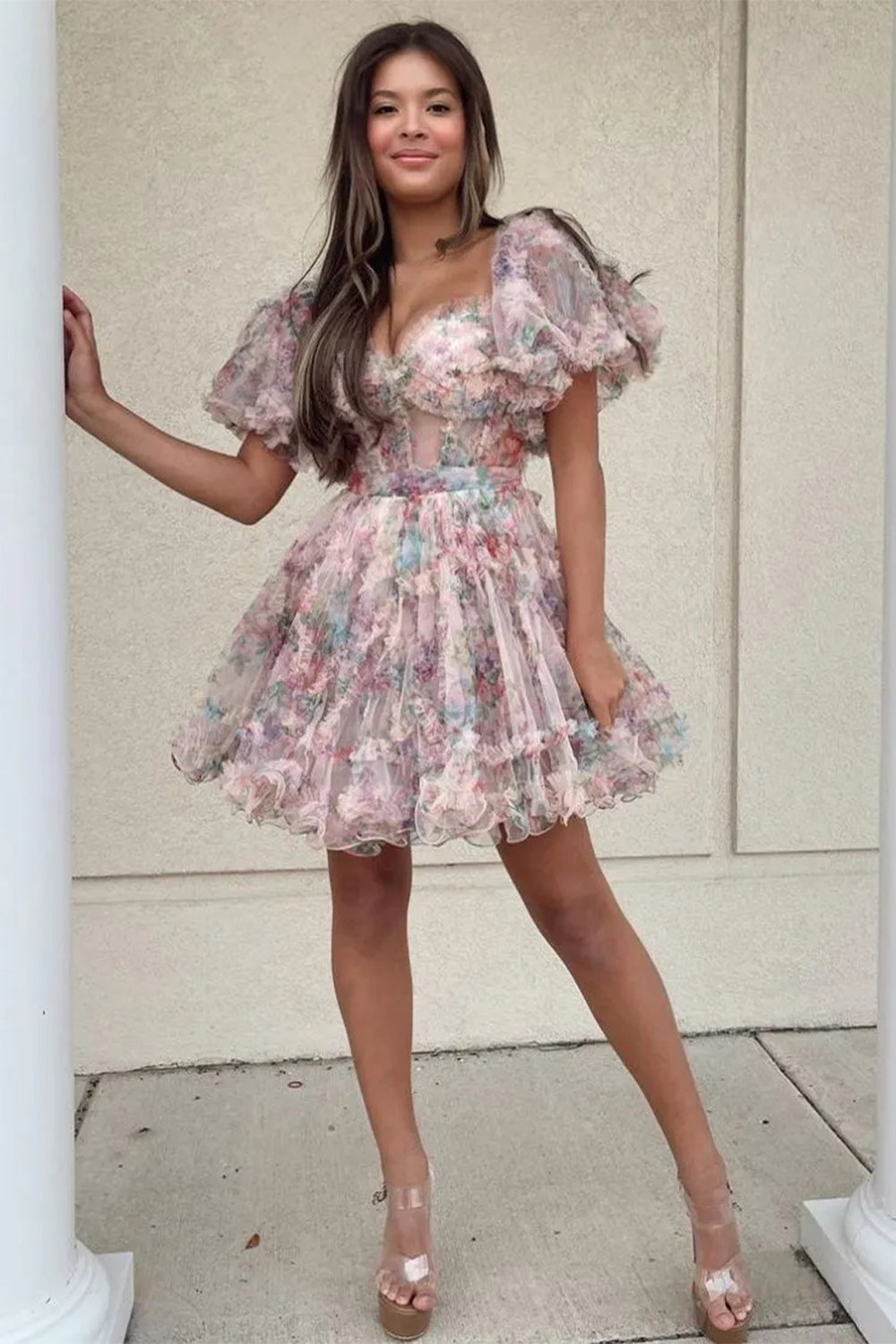 Cute A-Line Off-the-Shoulder Floral Printed Short Homecoming Dress