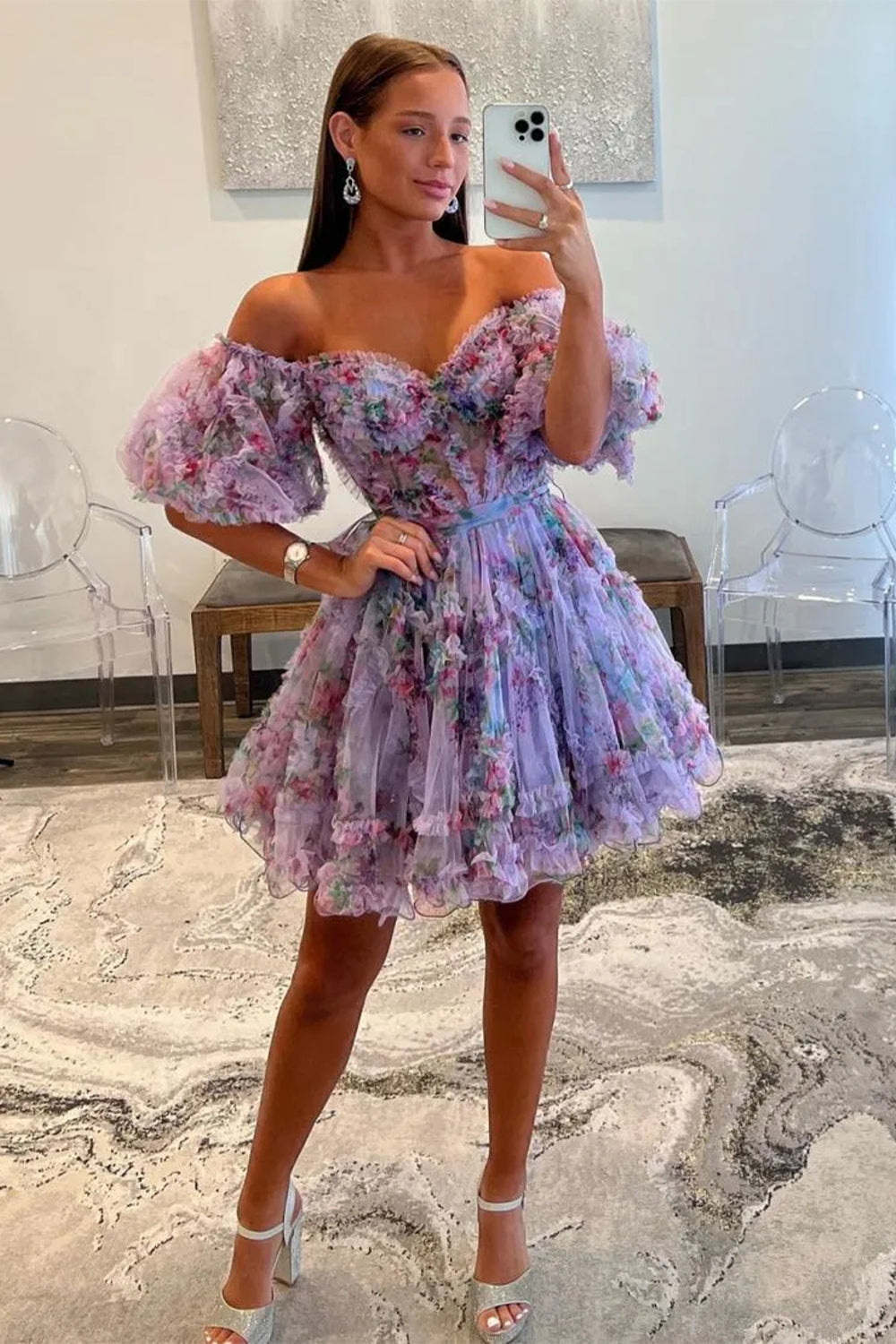 Cute A-Line Off-the-Shoulder Floral Printed Short Homecoming Dress