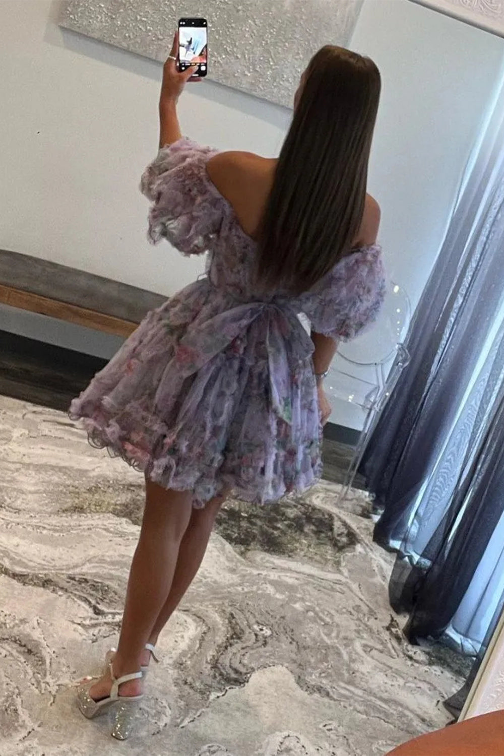 Cute A-Line Off-the-Shoulder Floral Printed Short Homecoming Dress
