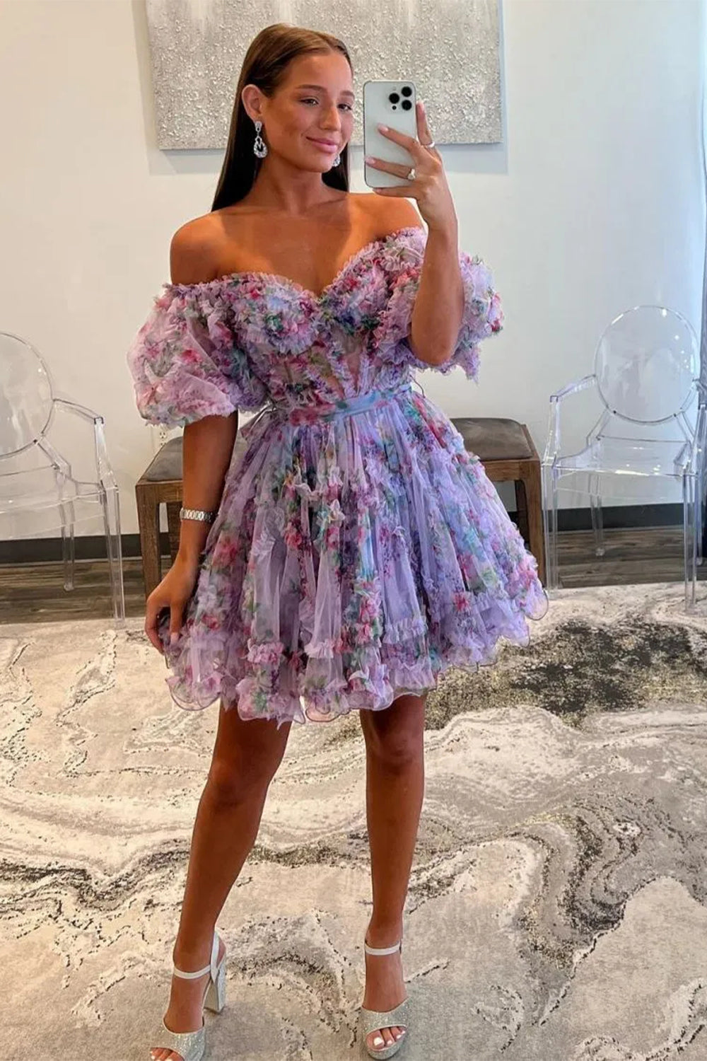 Cute A-Line Off-the-Shoulder Floral Printed Short Homecoming Dress