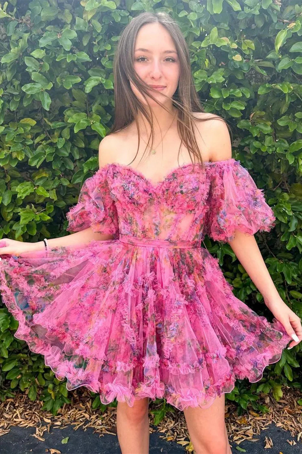Cute A-Line Off-the-Shoulder Floral Printed Short Homecoming Dress
