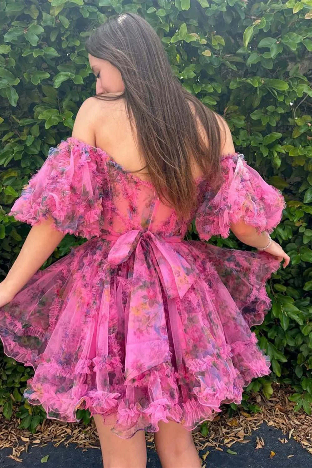 Cute A-Line Off-the-Shoulder Floral Printed Short Homecoming Dress