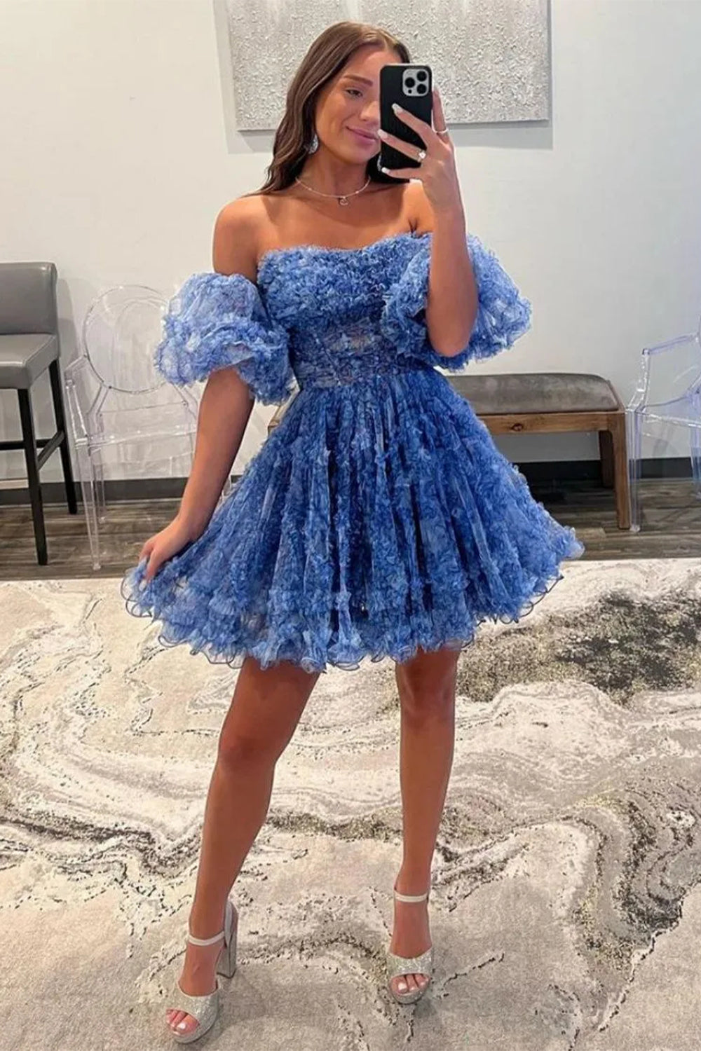 Stunning A-Line Floral Print Tulle Homecoming Dress With Detachable Sleeves