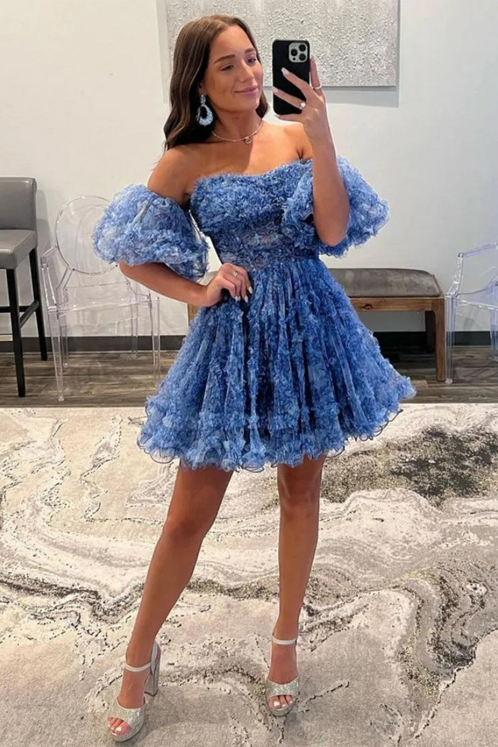 Stunning A-Line Floral Print Tulle Homecoming Dress With Detachable Sleeves