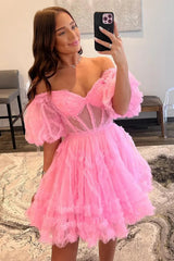Elegant A-Line Off The Shoulder Short Tulle Homecoming Dresses