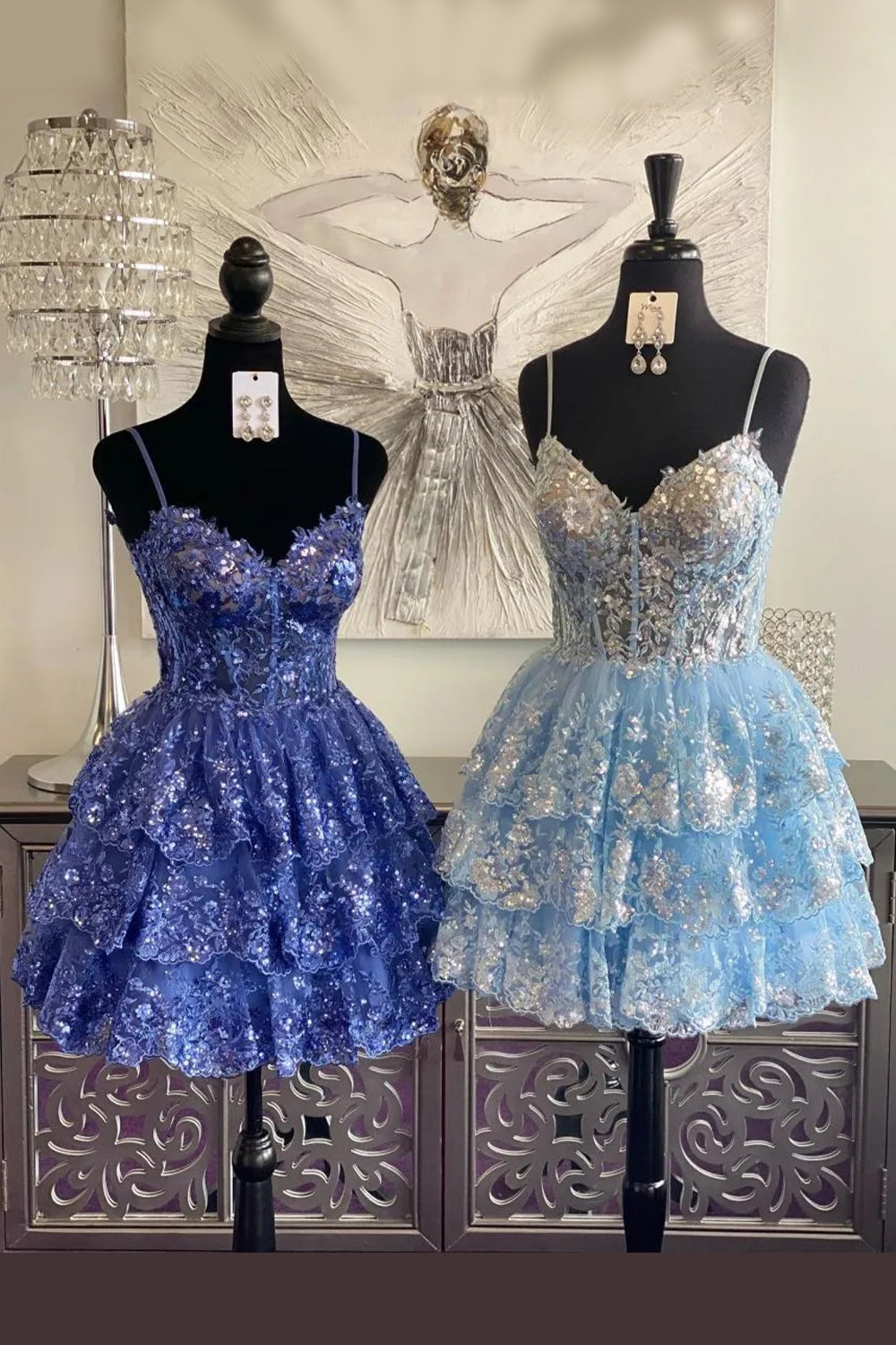 Cute A-Line Sequin Lace Corset Bodice Tiered Homecoming Dress