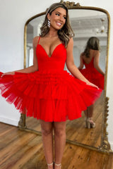 Cute A-Line Spaghetti Straps Layered Tulle Short Homecoming Dress
