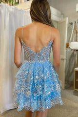 Charming Spaghetti Straps 3 Layers Short Homecoming Dress With Sequined Appliques