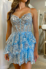 Charming Spaghetti Straps 3 Layers Short Homecoming Dress With Sequined Appliques