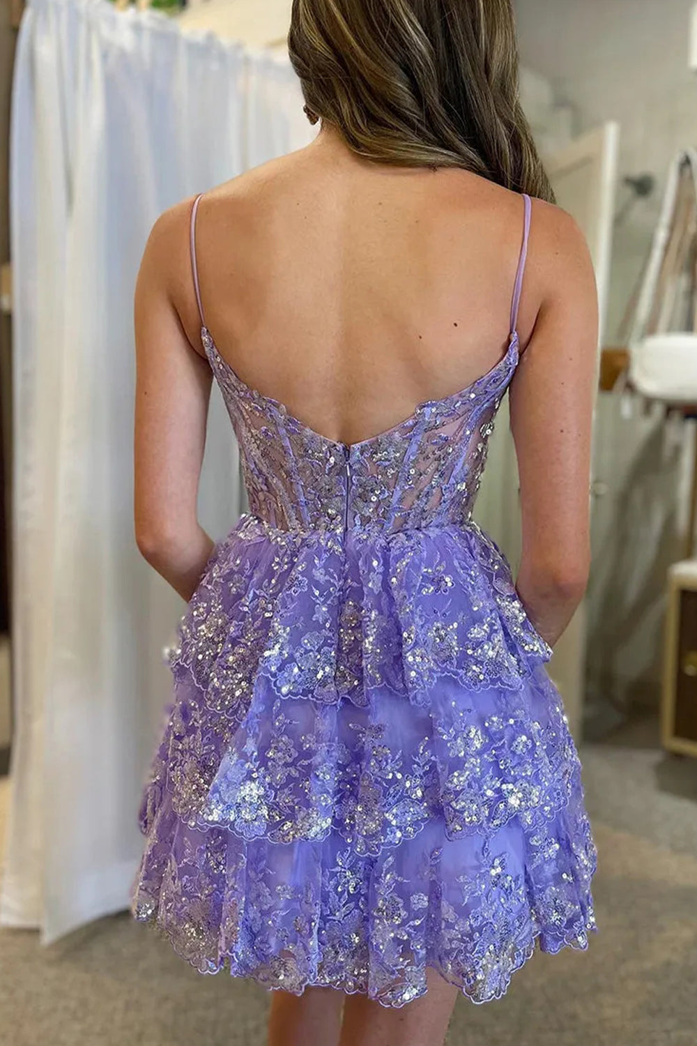 Charming Spaghetti Straps 3 Layers Short Homecoming Dress With Sequined Appliques