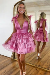Lovely Pink A-Line Deep V-Neck Short Tiered Tulle Homecoming Dress