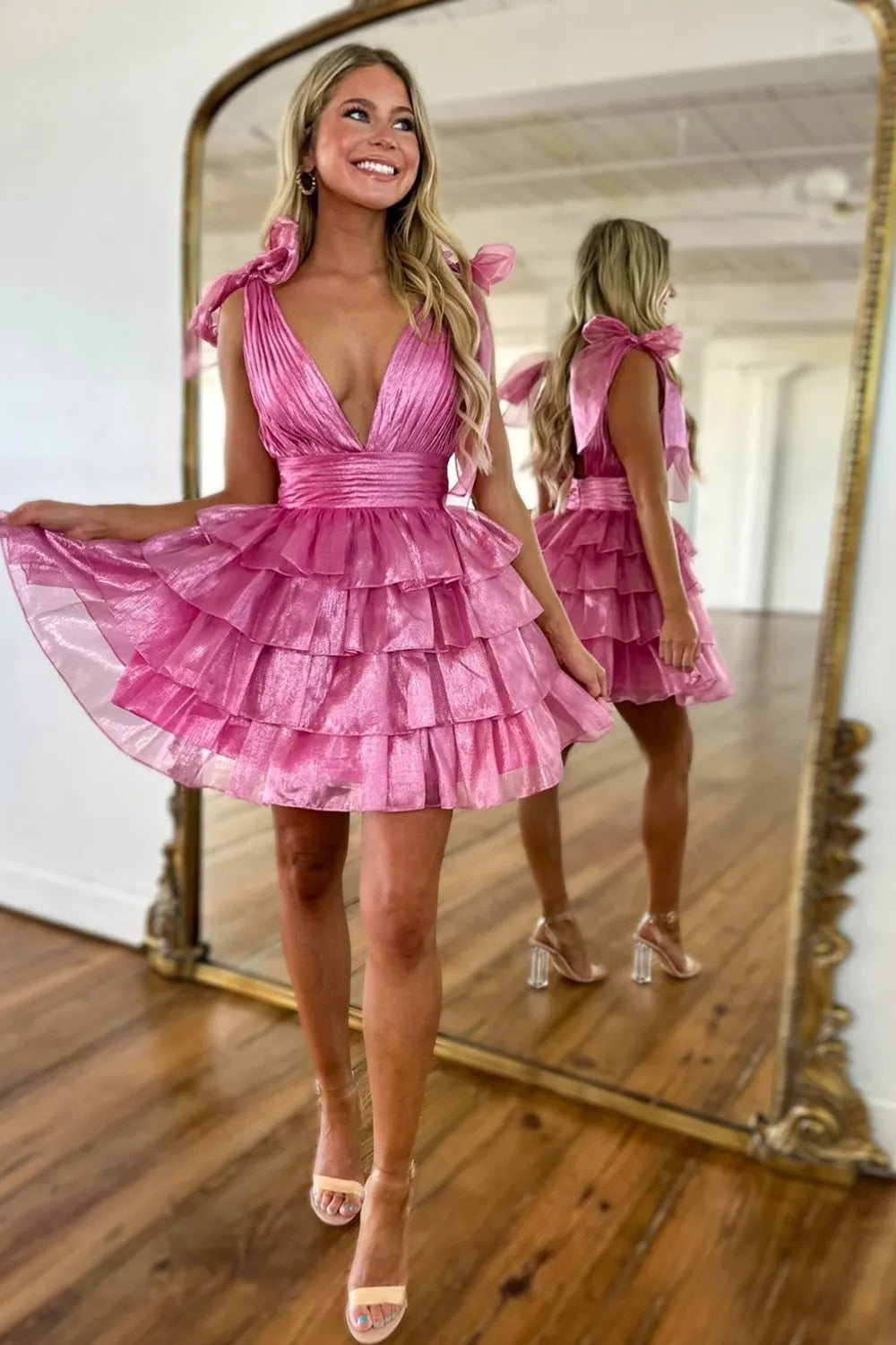 Lovely Pink A-Line Deep V-Neck Short Tiered Tulle Homecoming Dress