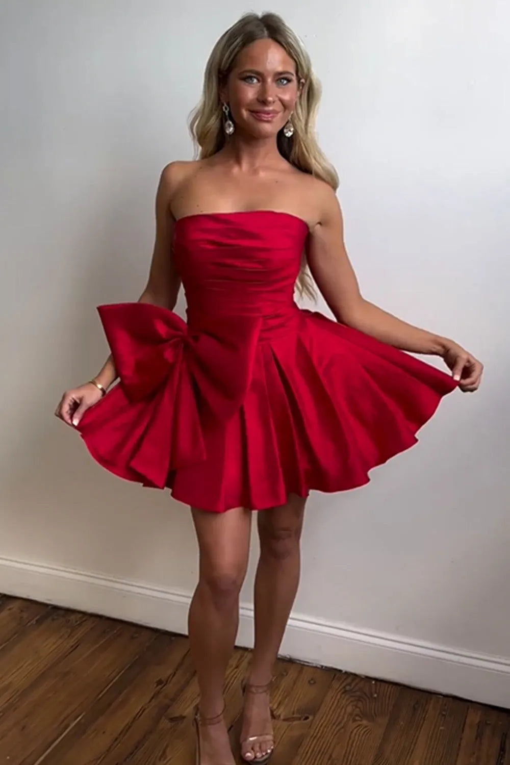 Cute A-Line Strapless Short Satin Homecoming Dress With Bow