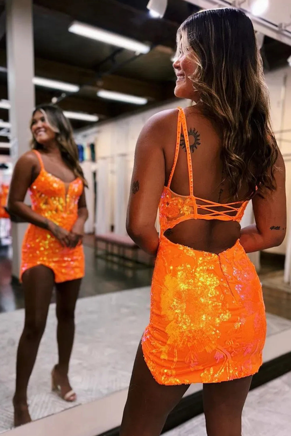 Sparkly Hot Pink Bodycon Lace Up Short Sequin Homecoming Dresses