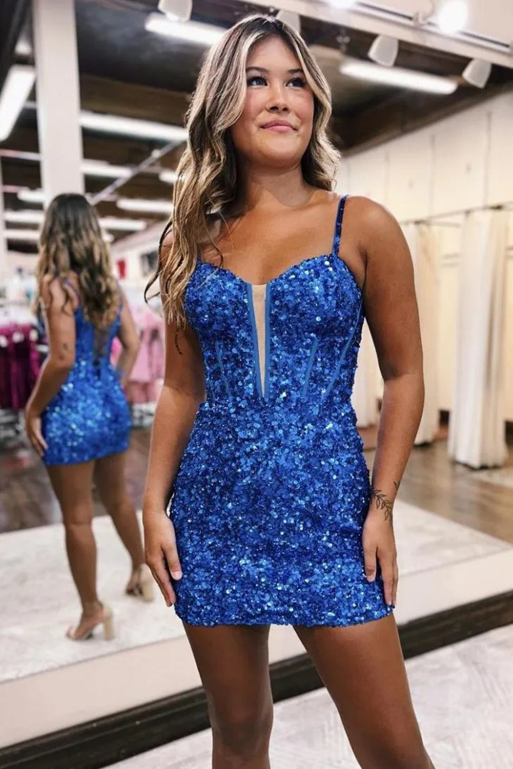 Sparkly Royal Blue spaghetti Straps Tight Sequin Homecoming Dress