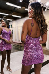Eleglant Sparkly Spaghetti Straps Backless Short Tight Sequin Homecoming Dress