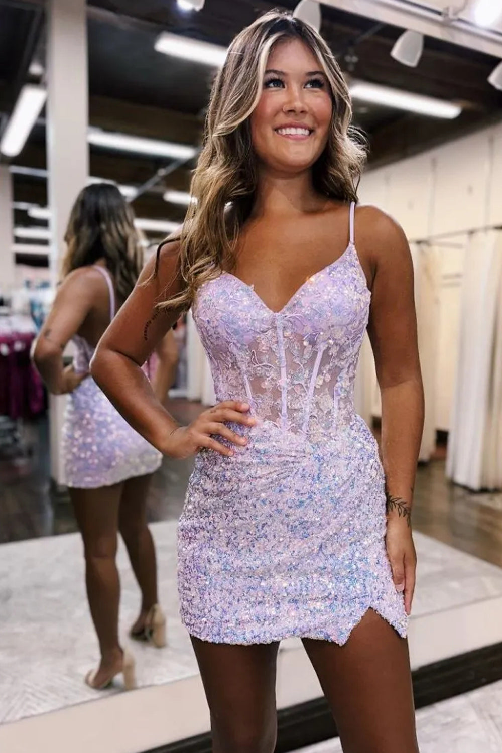 Eleglant Sparkly Spaghetti Straps Backless Short Tight Sequin Homecoming Dress