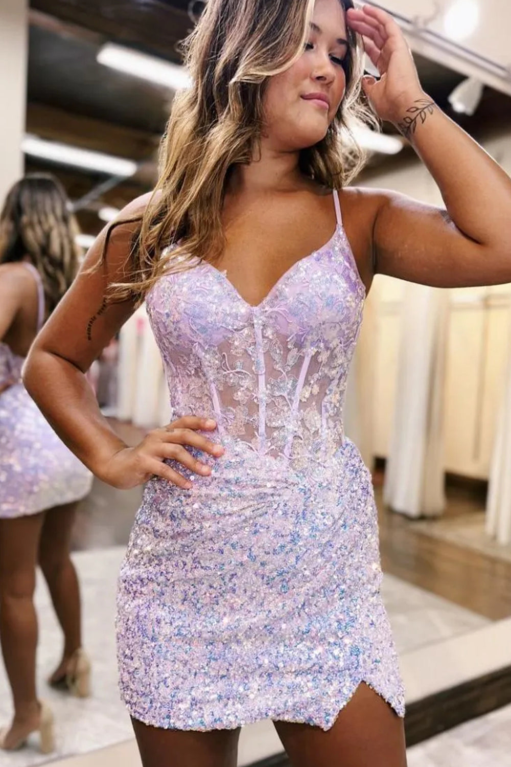 Eleglant Sparkly Spaghetti Straps Backless Short Tight Sequin Homecoming Dress
