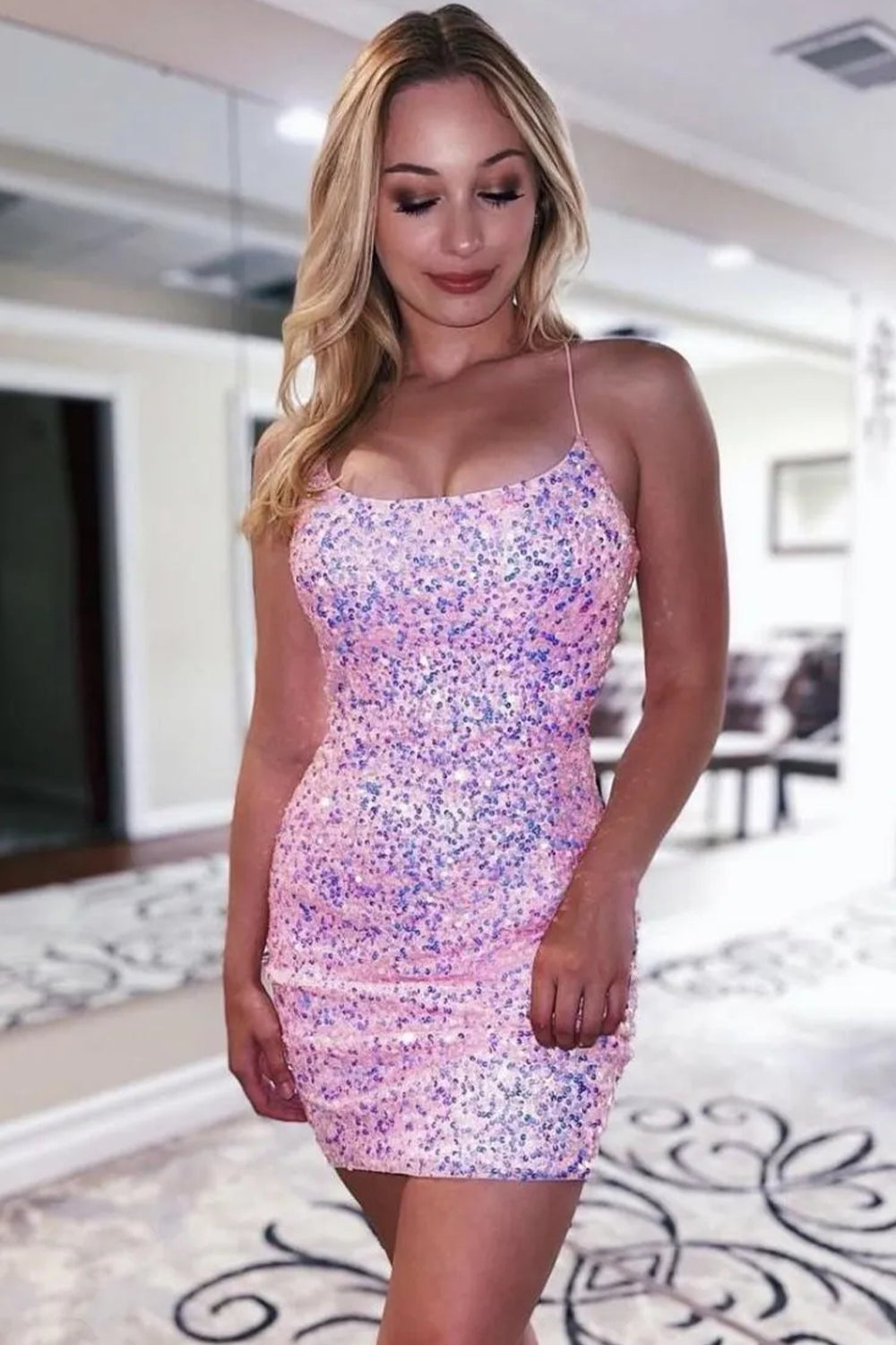 Royal Blue Glitter Sequin Spaghetti Straps Lace Up Tight Homecoming Dress