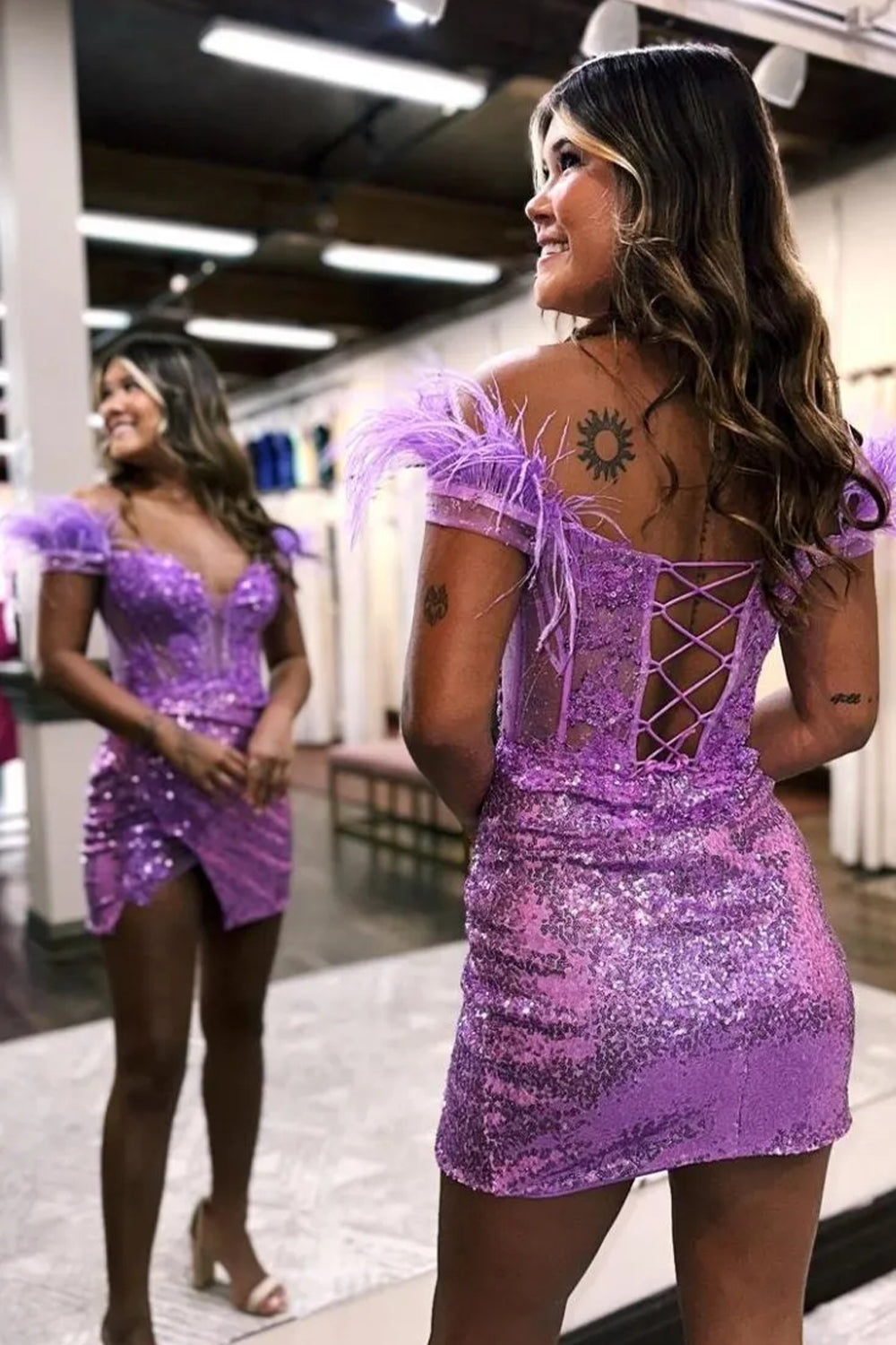 Gorgeous Bodycon Off The Shoulder Lace Up Sequin Homecoming Dress with Feather