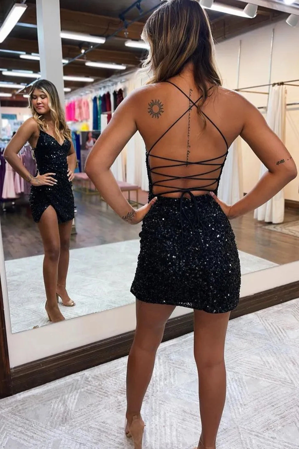 Sparkly Sequin Bodycon Spaghetti Straps Short Lace Up Tight Homecoming Dress