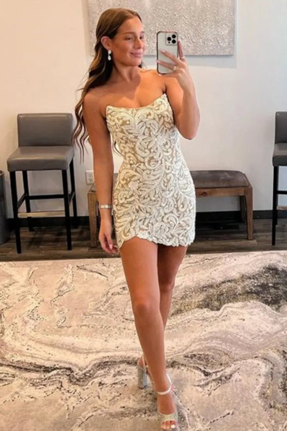 Champagne Strapless Bodycon Short Homecoming Dress With Beading