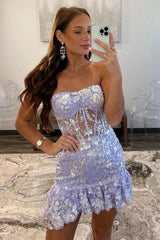 Gorgeous Straight Strapless Lilac Sparkly Short Tight Homecoming Dress with Sequin