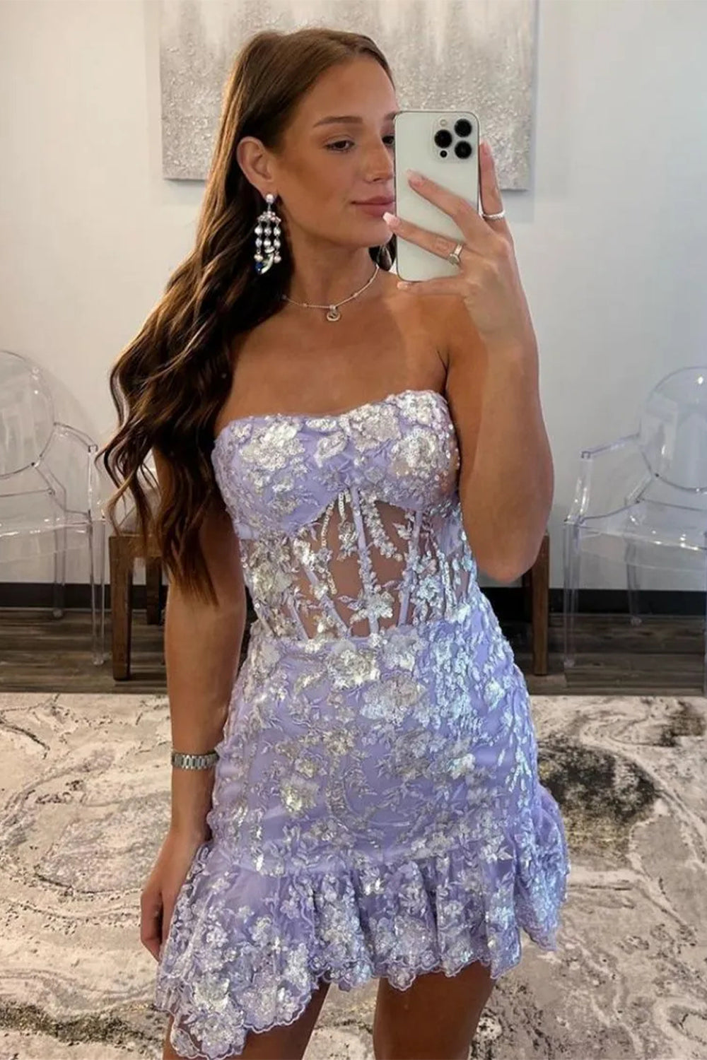 Gorgeous Straight Strapless Lilac Sparkly Short Tight Homecoming Dress with Sequin