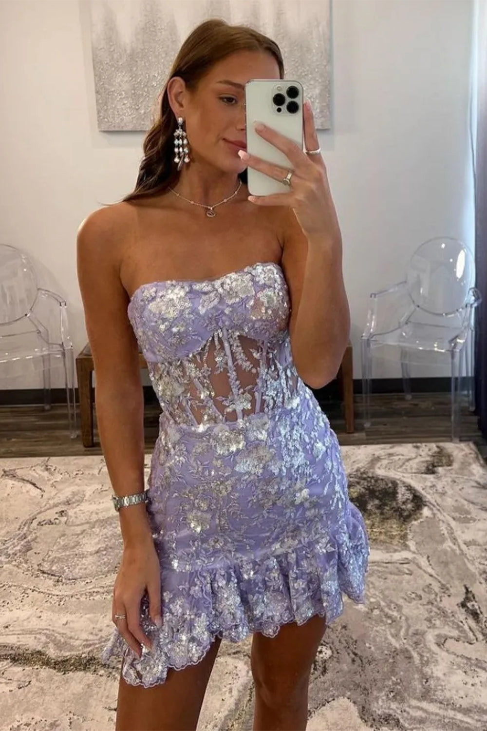 Gorgeous Straight Strapless Lilac Sparkly Short Tight Homecoming Dress with Sequin