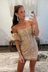 Champagne Strapless Puff Sleeves Tight Homecoming Dress with Appliques