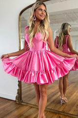 Pretty A-Line Tie Straps Ruffle Satin Short Homecoming Dress