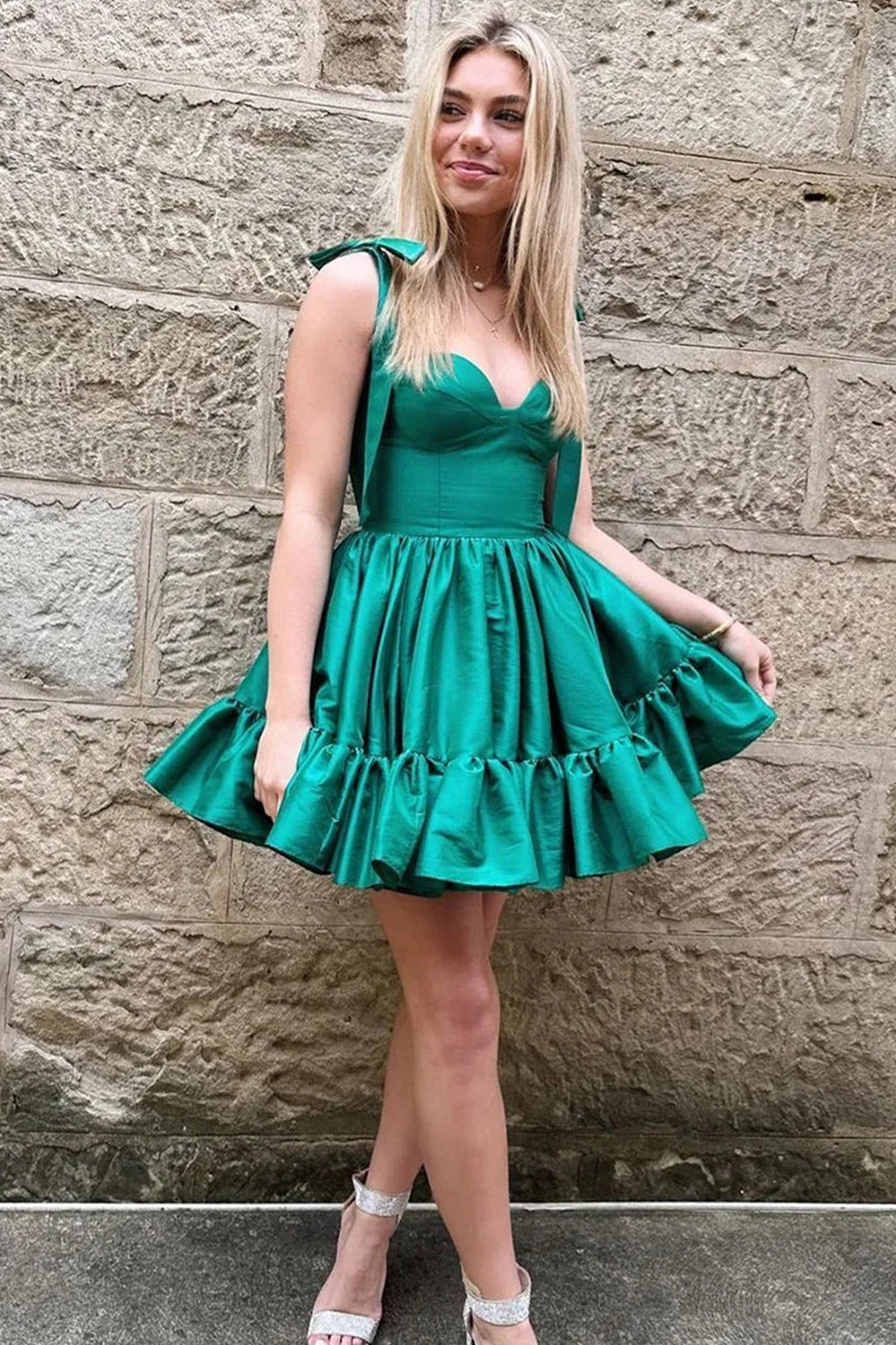Pretty A-Line Tie Straps Ruffle Satin Short Homecoming Dress