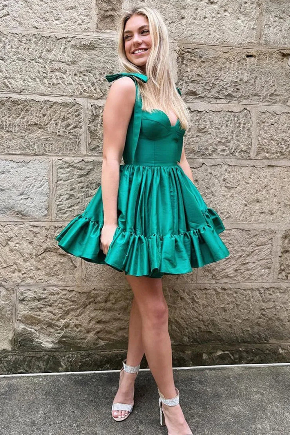 Pretty A-Line Tie Straps Ruffle Satin Short Homecoming Dress