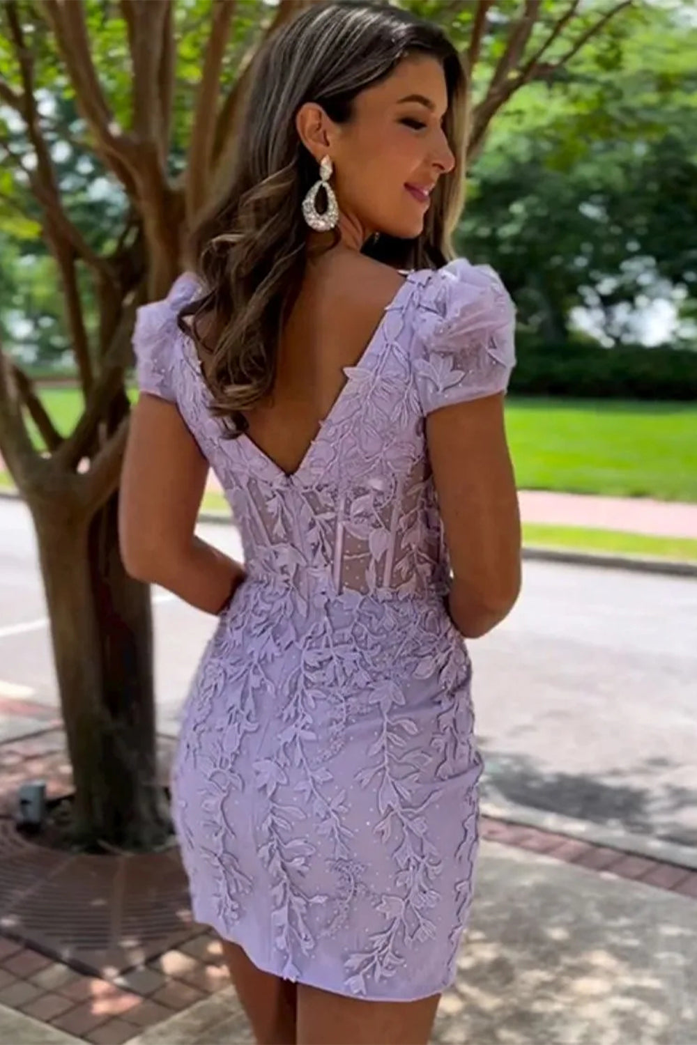 Cute Square Neck Puff Sleeves Short Tight Homecoming Dress with Appliques