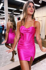 Elegant Bodycon Spaghetti Straps Lace Up Satin Short Homecoming Dress