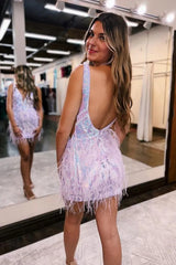 Stunning V-neck Bodycon Backless Short Homecoming Dress With Feather