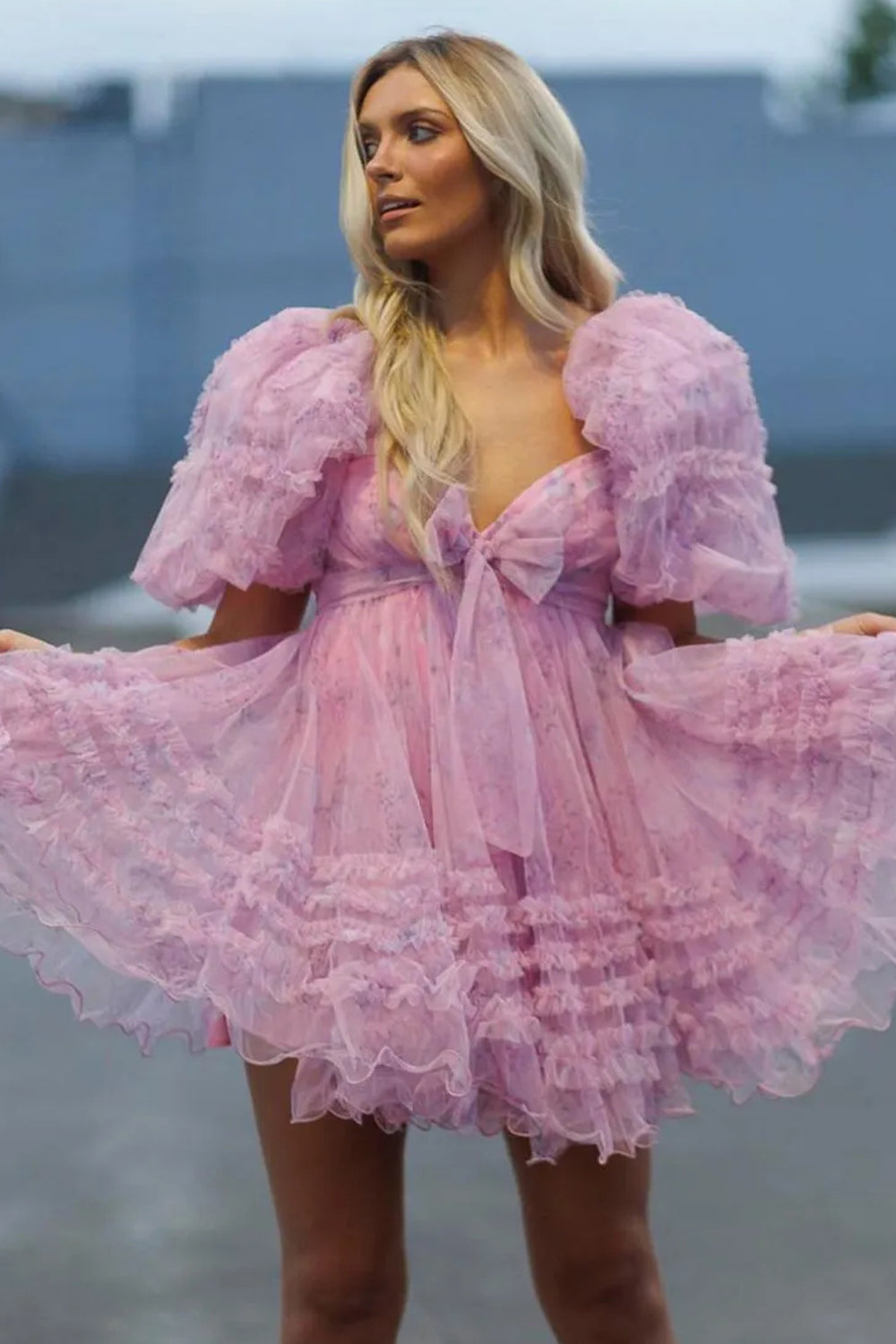 Charming Floral Printed A-Line Puff Sleeves Short Tulle Homecoming Dress